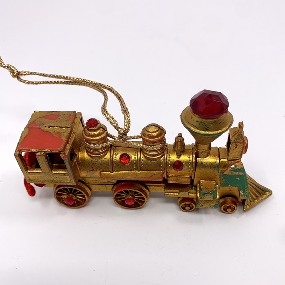 Lot 2 Vtg Koestel Golden Jeweled Train Engine Christmas Ornament W Germany Flaws - Picture 2 of 9